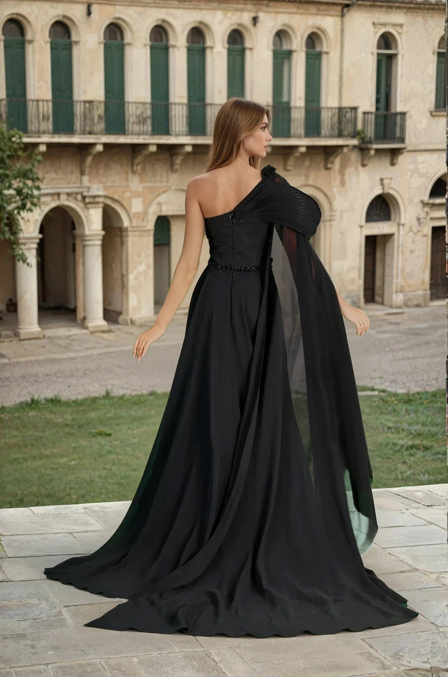 Dylan & Davids Luxury Couture Sculpted Shoulder Black Dress