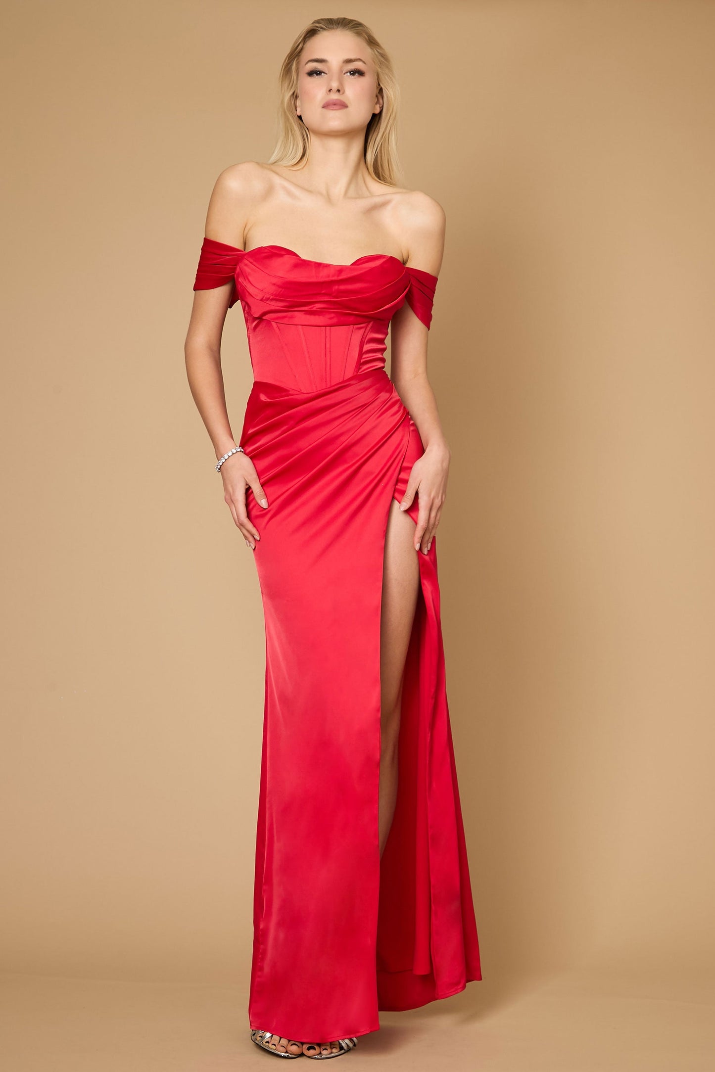 Dylan & Davids DD1249 Long Formal Corset Satin Evening Dress Red
