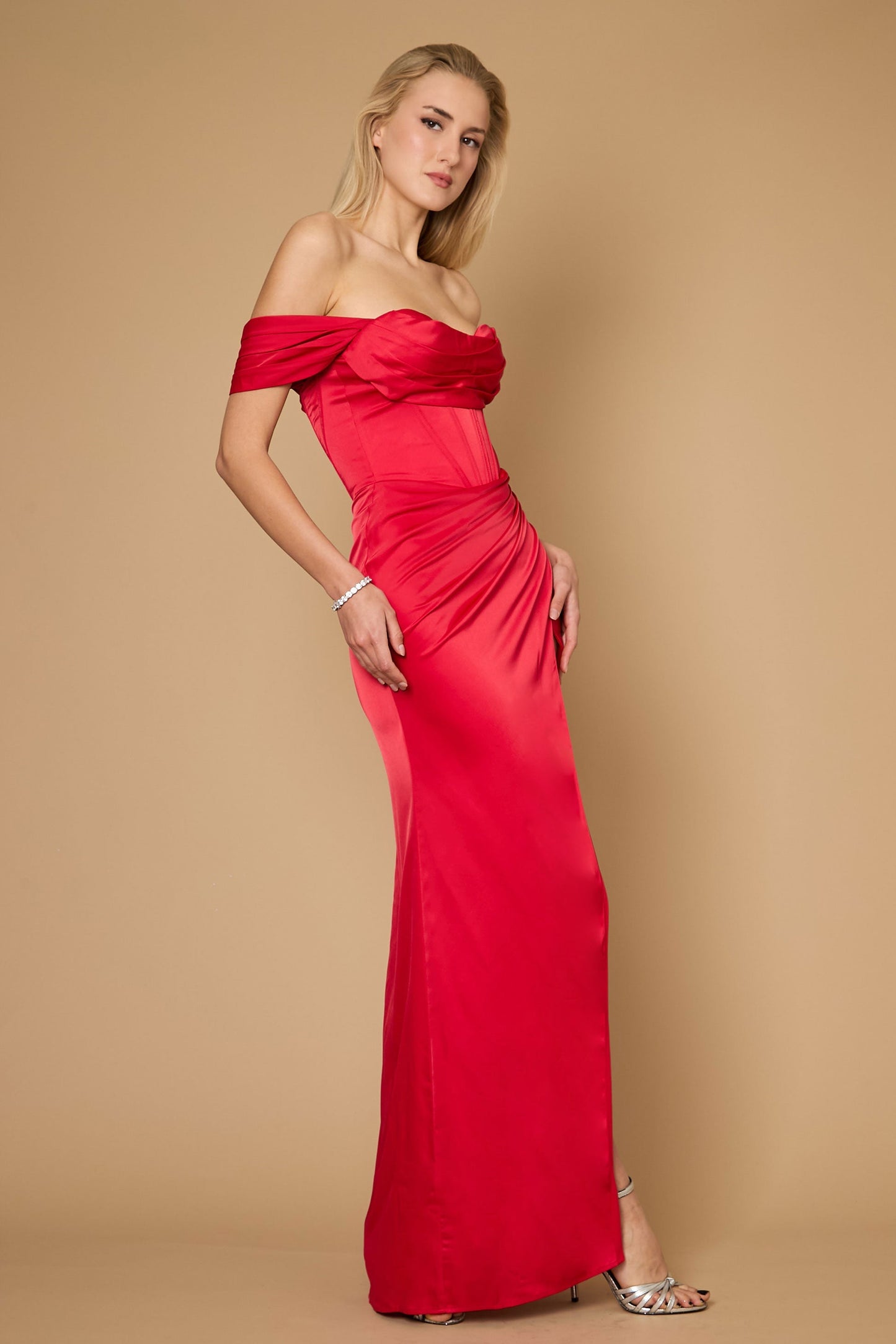 Dylan & Davids DD1249 Long Formal Corset Satin Evening Dress Red