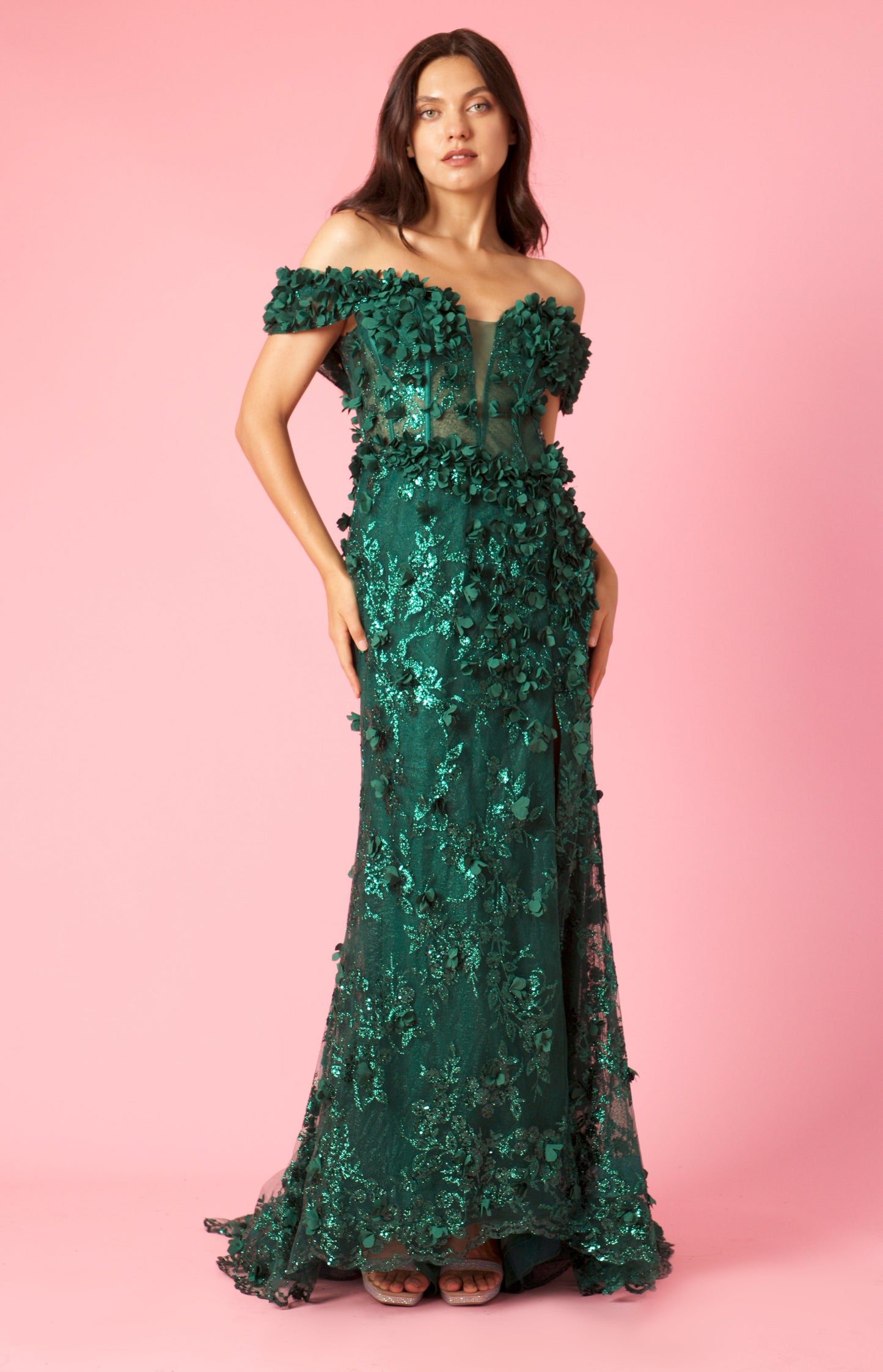 Formal Dresses Long Formal Off the Shoulder 3D Floral Corset Dress Emerald Green