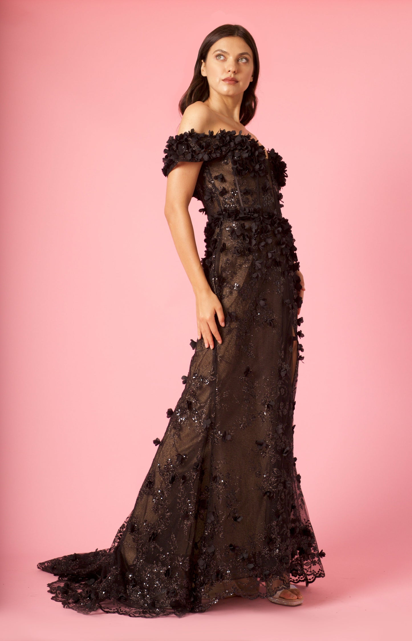 Formal Dresses Long Formal Off the Shoulder 3D Floral Corset Dress Black