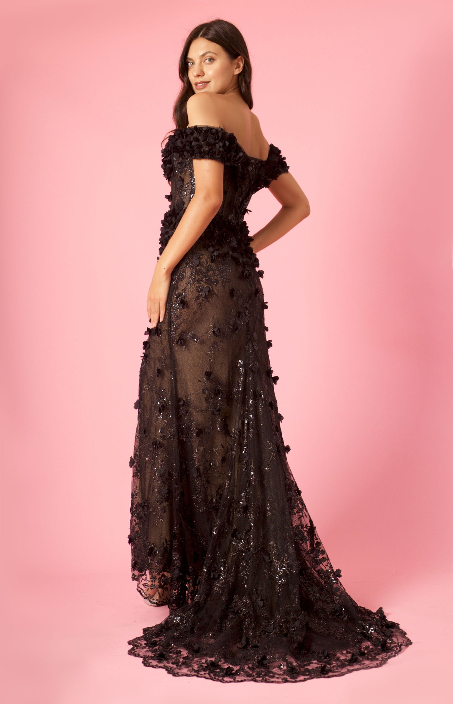 Formal Dresses Long Formal Off the Shoulder 3D Floral Corset Dress Black
