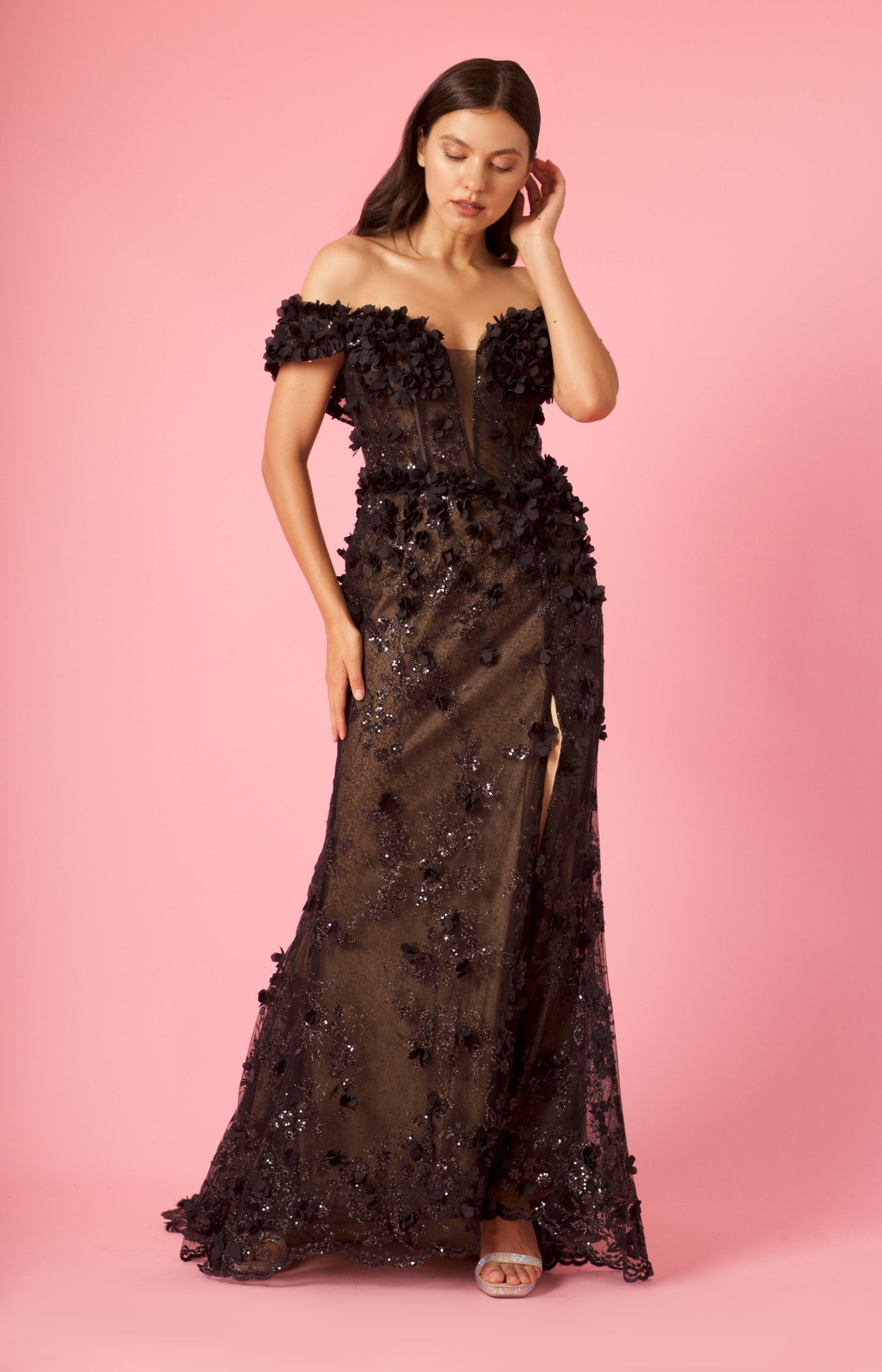 Formal Dresses Long Formal Off the Shoulder 3D Floral Corset Dress Black