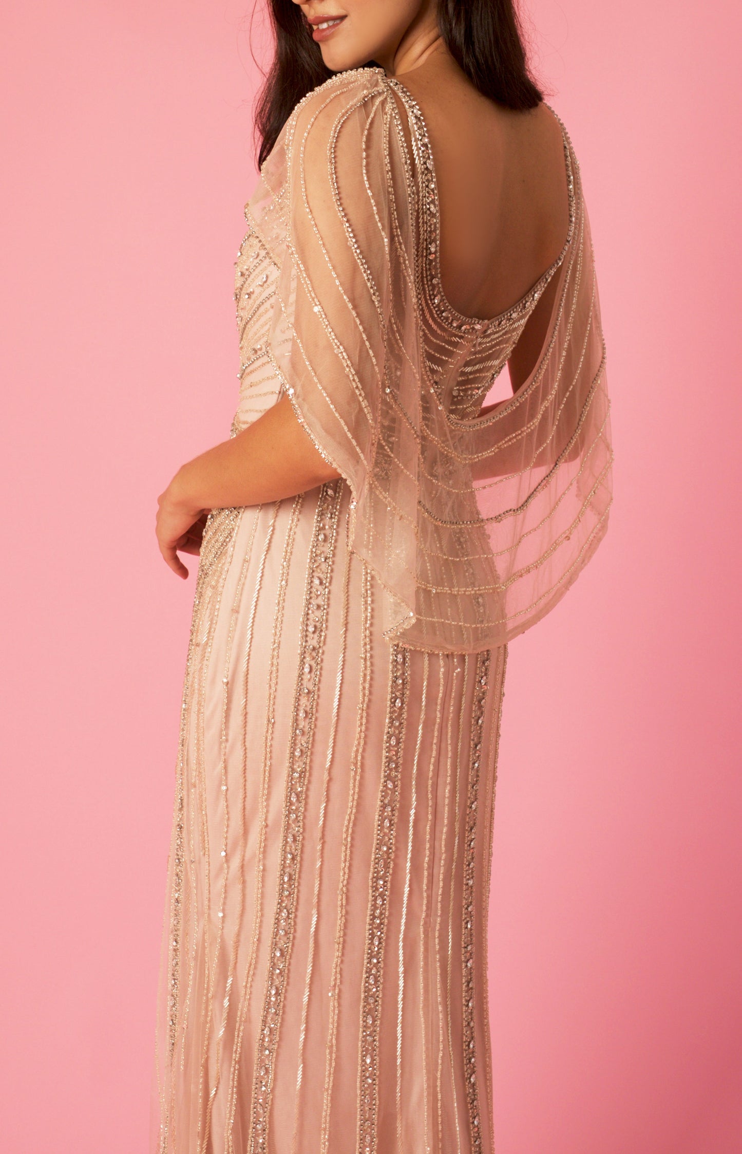 Formal Dresses Long Couture Beaded Formal Cape Dress Rosegold