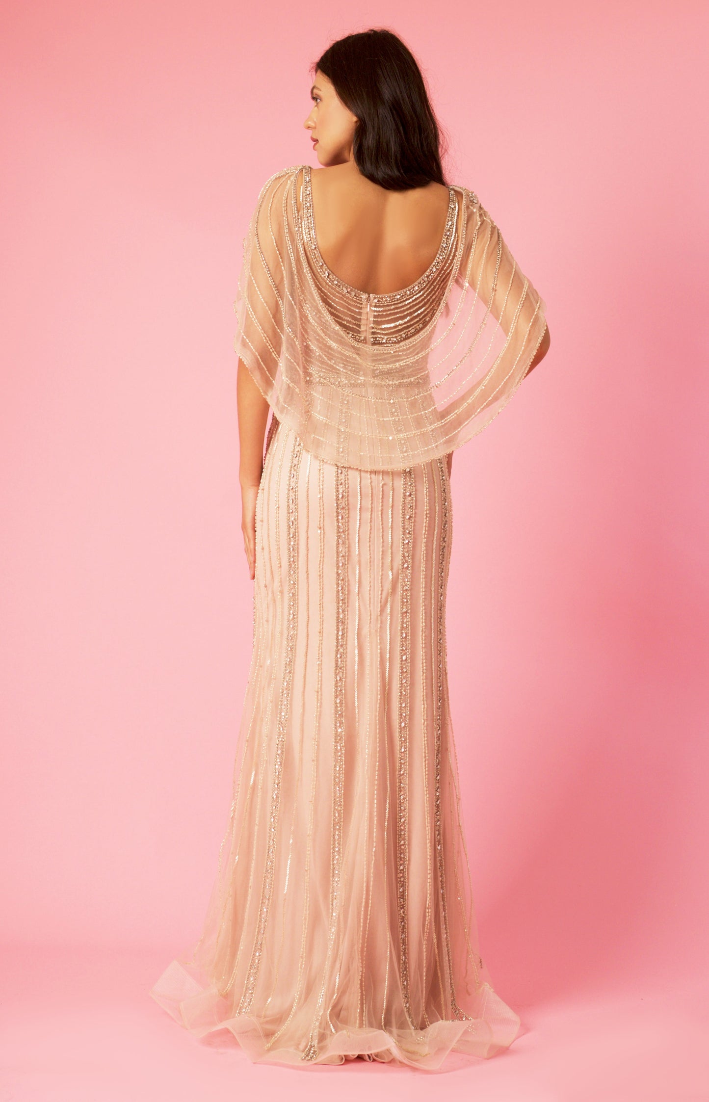 Formal Dresses Long Couture Beaded Formal Cape Dress Rosegold