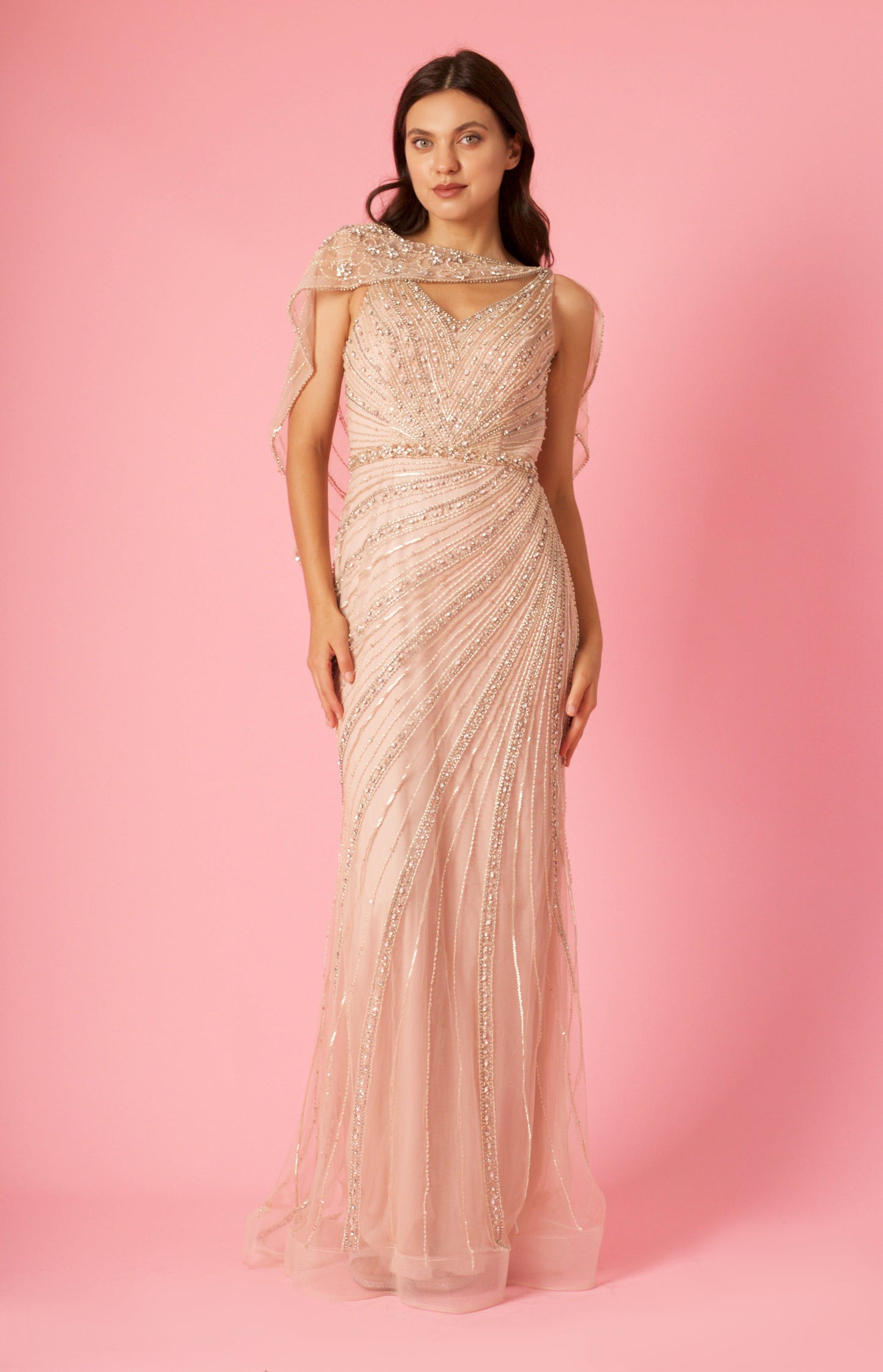 Formal Dresses Long Couture Beaded Formal Cape Dress Rosegold