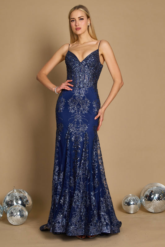 Dylan & Davids DD1238 Fitted Corset Long Formal Prom Dress Navy