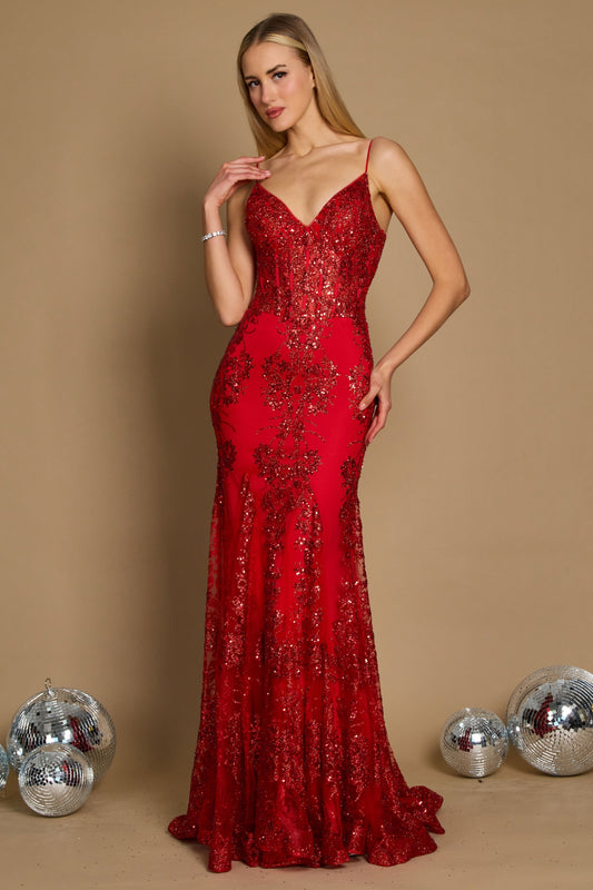 Dylan & Davids DD1238 Fitted Corset Long Formal Prom Dress Red