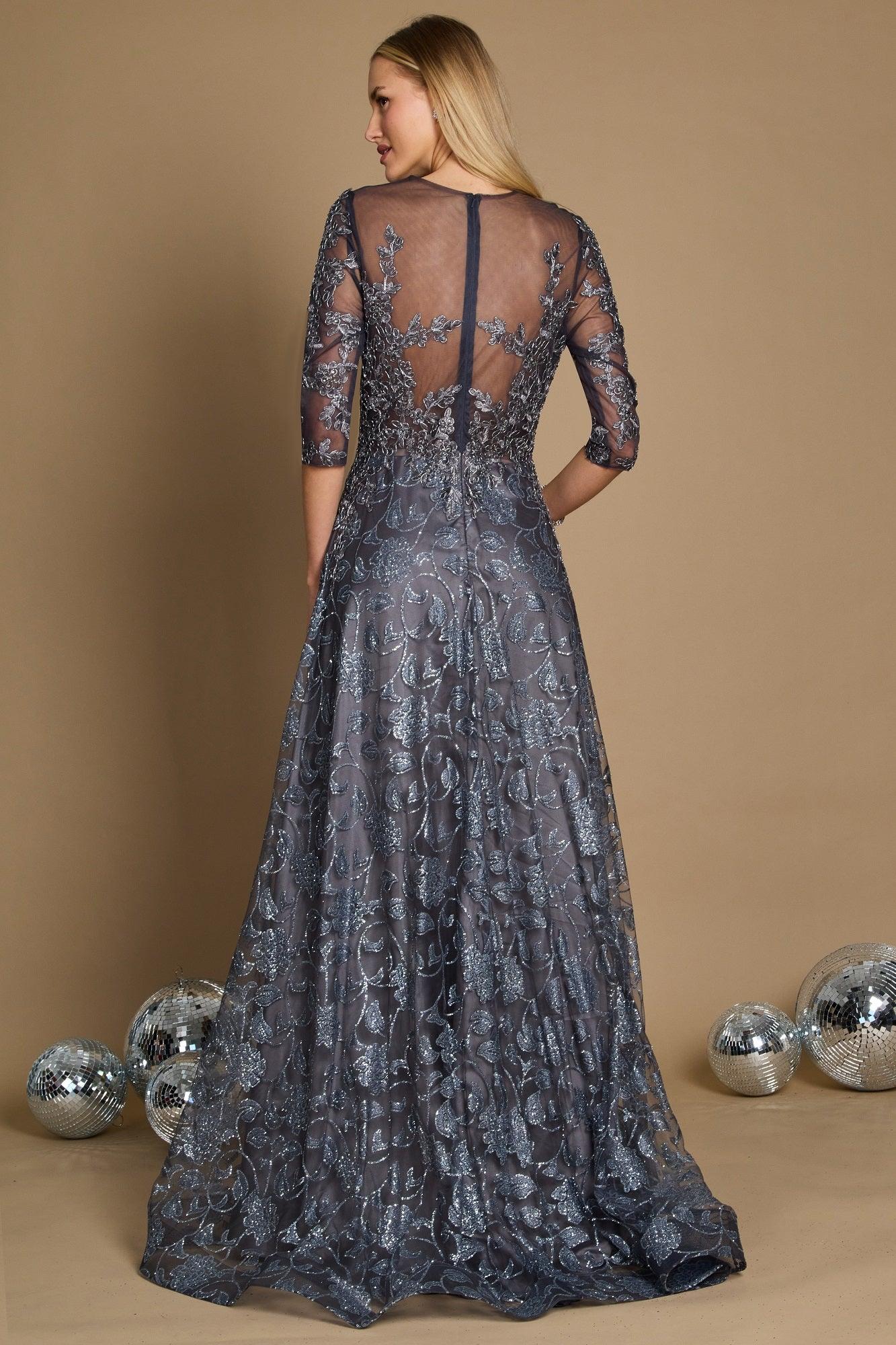 Dylan & Davids DD1239 Long Formal Lace Evening Dress Charcoal