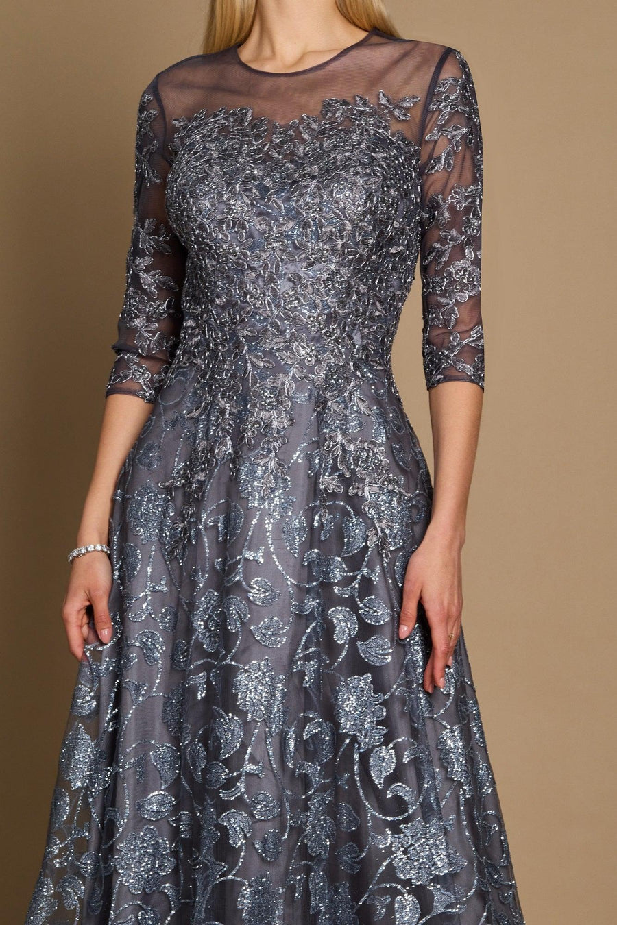 Dylan & Davids DD1239 Long Formal Lace Evening Dress Charcoal