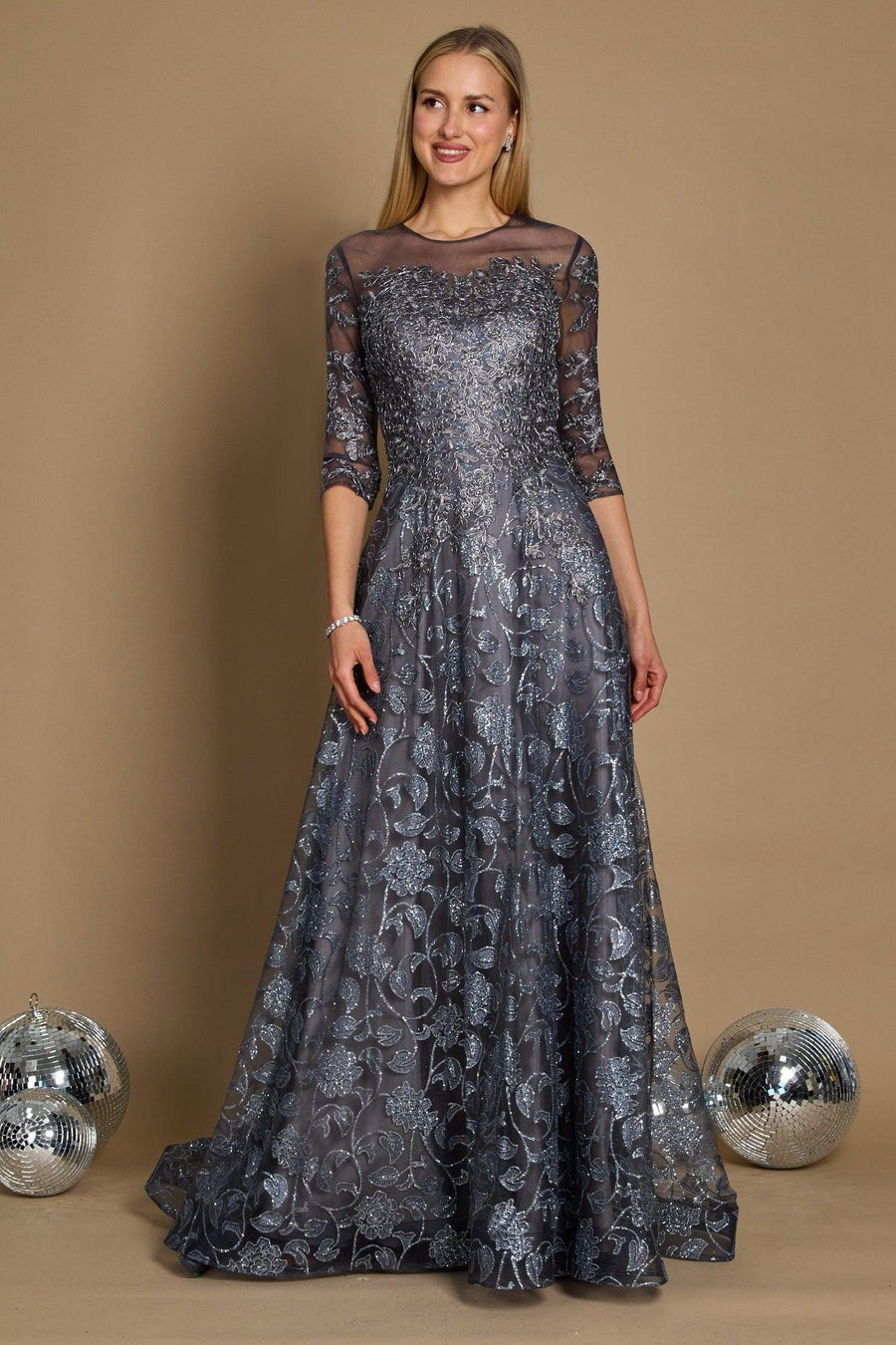 Dylan & Davids DD1239 Long Formal Lace Evening Dress Charcoal