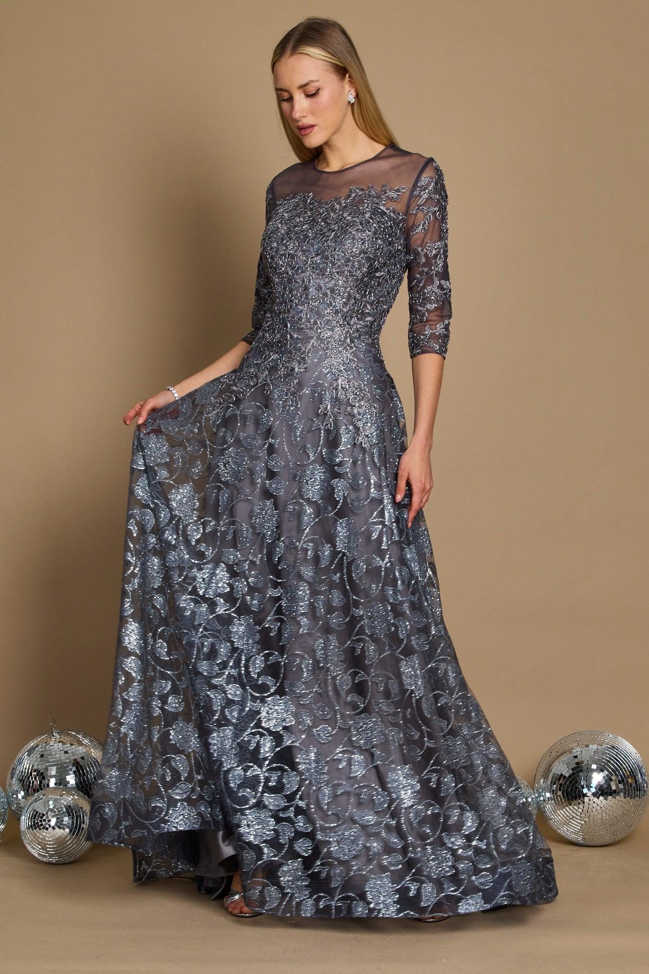 Dylan & Davids DD1239 Long Formal Lace Evening Dress Charcoal