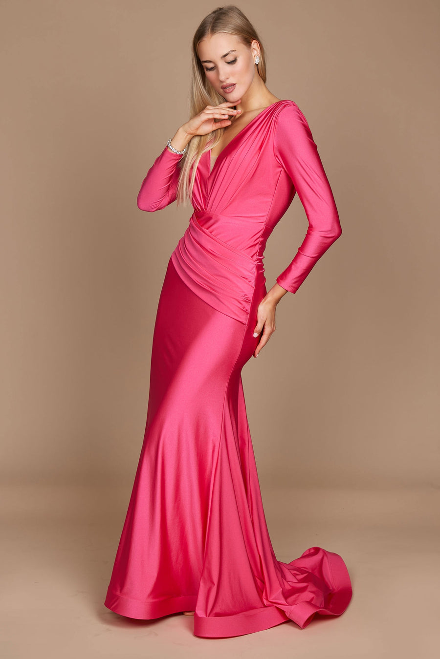 Dylan & Davids DD1240 Long Sleeve Formal Fitted Evening Dress Fuchsia