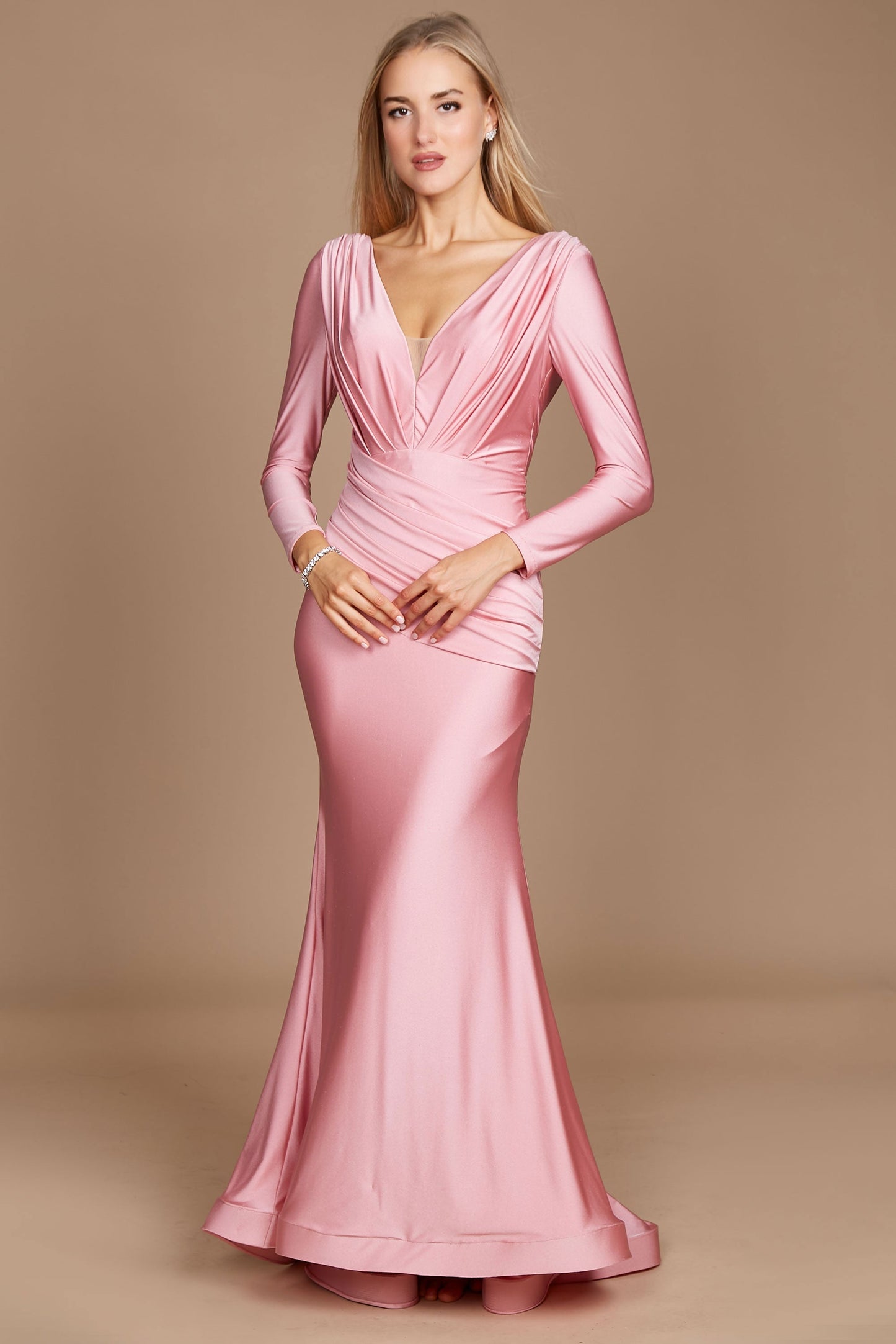 Dylan & Davids DD1240 Long Sleeve Formal Fitted Evening Dress Pink