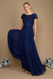 Mother of Bride Dresses Short Sleeve Formal Evening Dress Navy