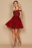 Homecoming Dresses Short Sparkle Off Shoulder Prom Dress Burgundy