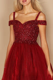 Homecoming Dresses Short Sparkle Off Shoulder Prom Dress Burgundy