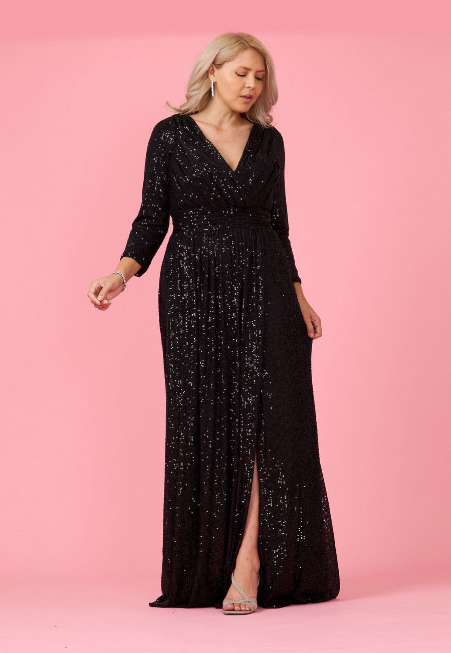 Formal Dresses Long Sleeve Sequin Formal Beaded Dress Black