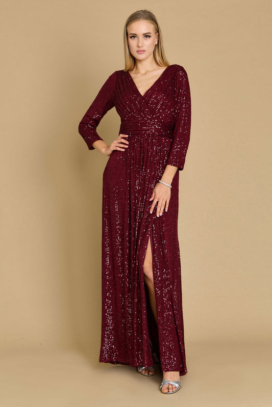 Dylan & Davids DD1257 Long Sleeve Sequin Formal Hand Beaded Dress Burgundy