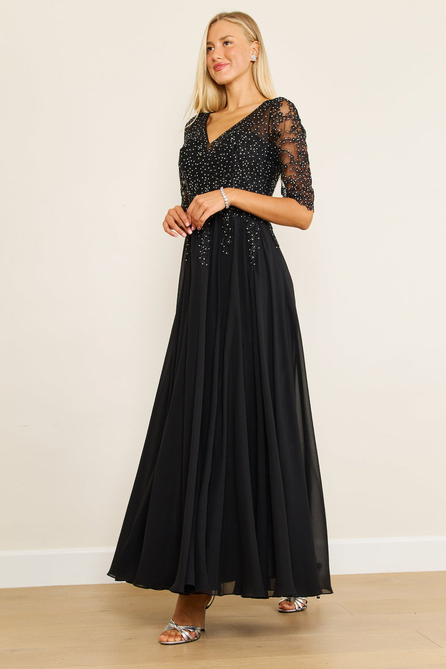 Mother of the Bride Dresses Long Sleeve Chiffon Formal Evening Dress Black