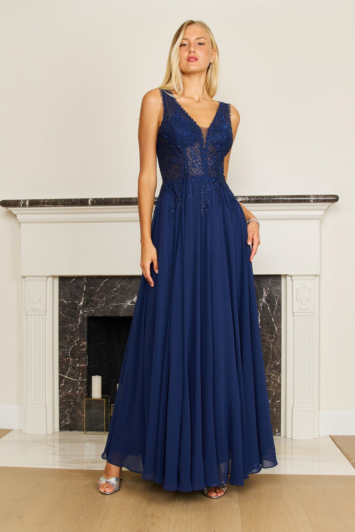 Dylan & Davids DD1300 Long Formal Dress Plus Size Chiffon Evening Gown Navy