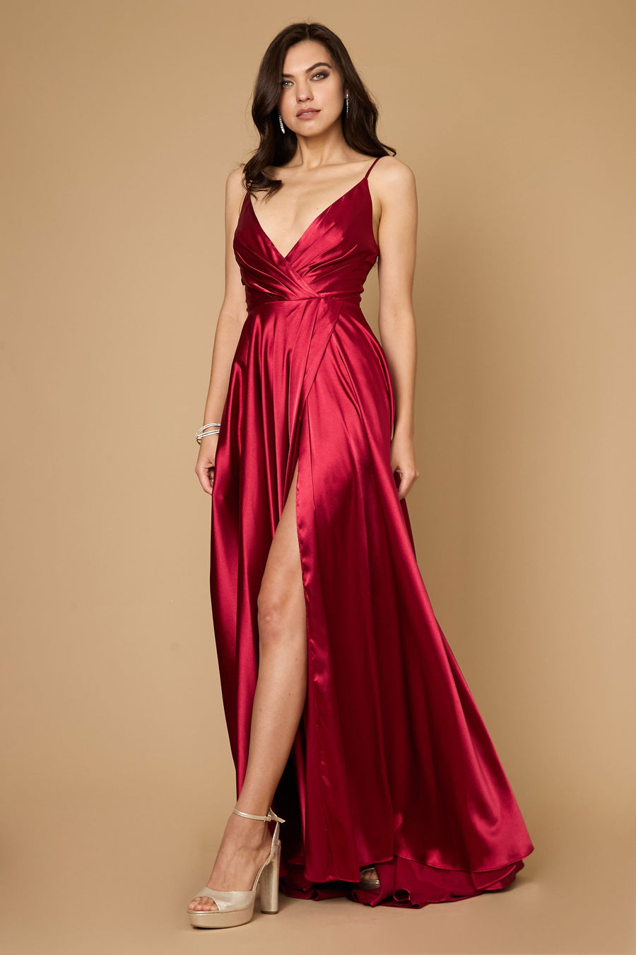 Dylan & Davids DD1318 Long Flowy Satin Formal Prom Party Dress Burgundy