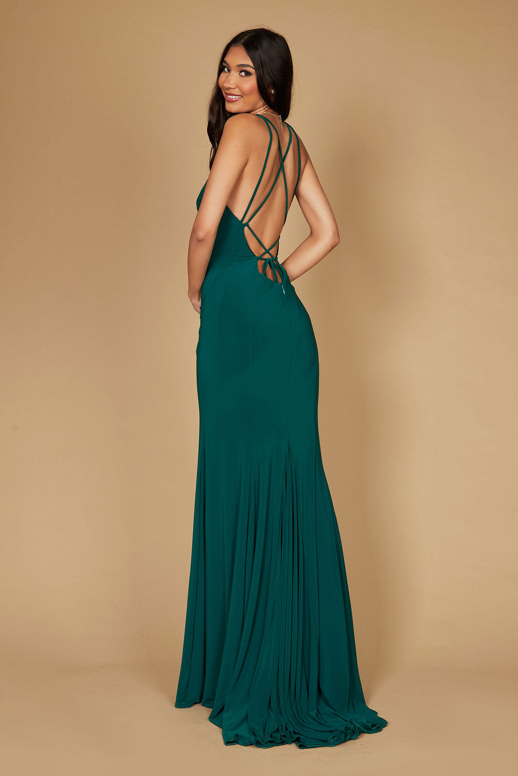 Dylan & Davids DD1329 Long Fitted Open Back Jersey Prom Dress Emerald Green