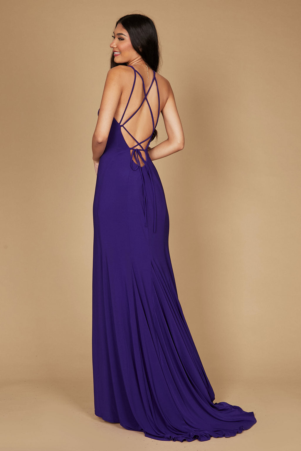 Dylan & Davids DD1329 Long Fitted Open Back Jersey Prom Dress Plum