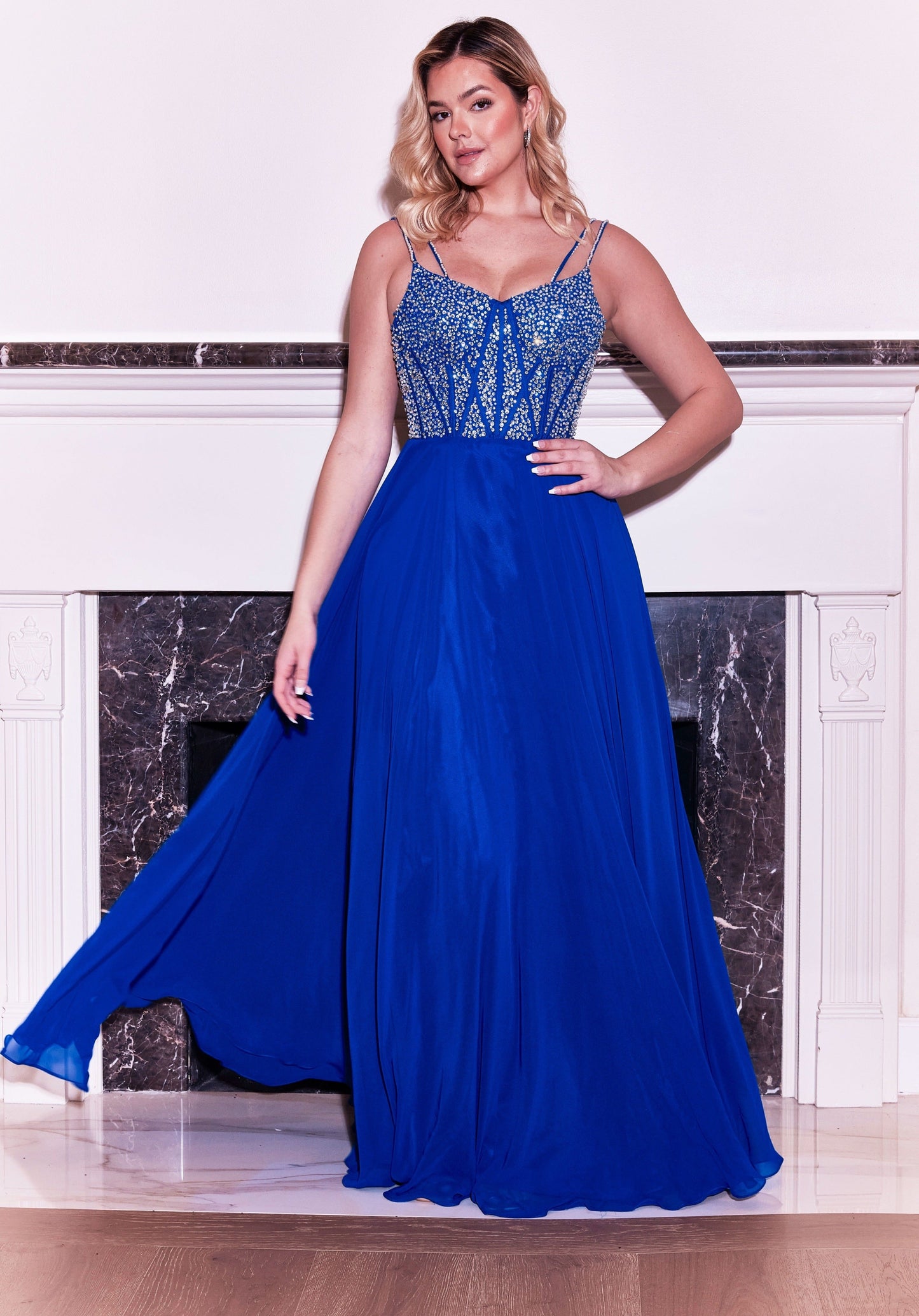Dylan Davids DD1330 Long Formal Royal Blue Beaded Top Dress