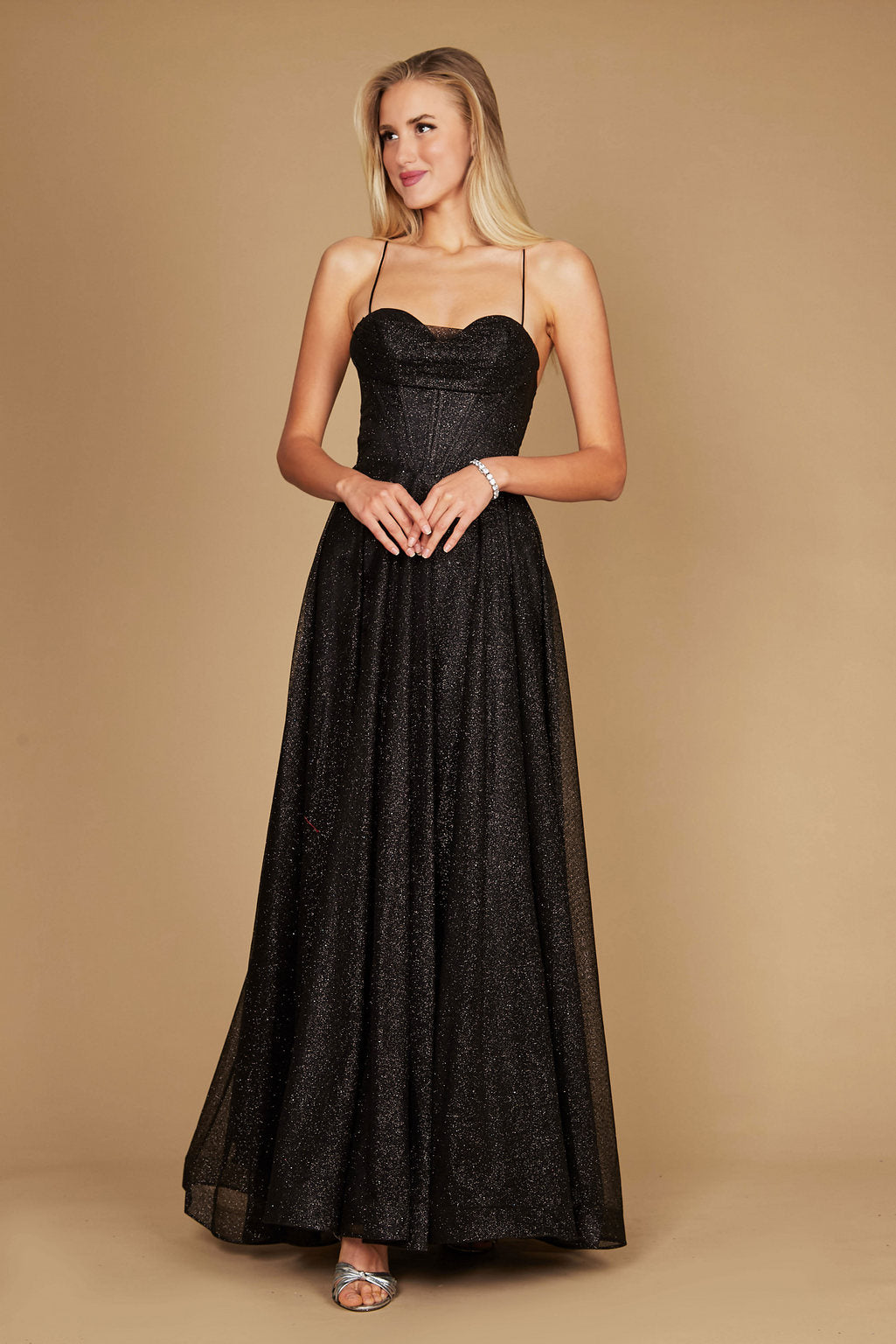 Dylan & Davids DD1336 Long Sparkling Cowl Corset Prom Dress Black