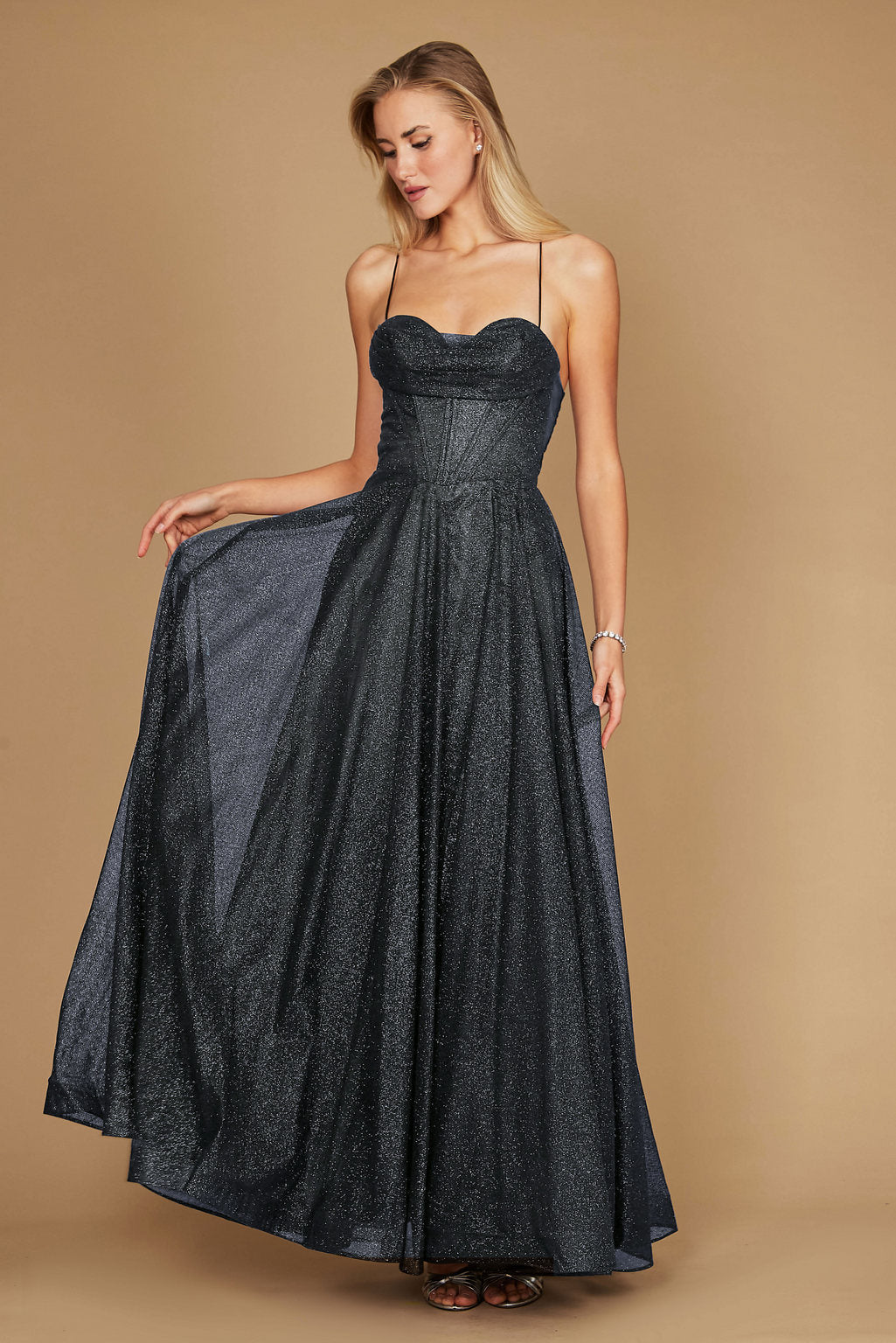 Dylan & Davids DD1336 Long Sparkling Cowl Corset Prom Dress Charcoal