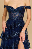 Formal Dresses Long Sequin Sheer Corset Prom Dress Navy