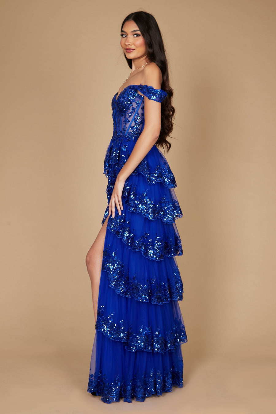 Kos Couture DD1343 Long Sequin Sheer Corset Prom Dress