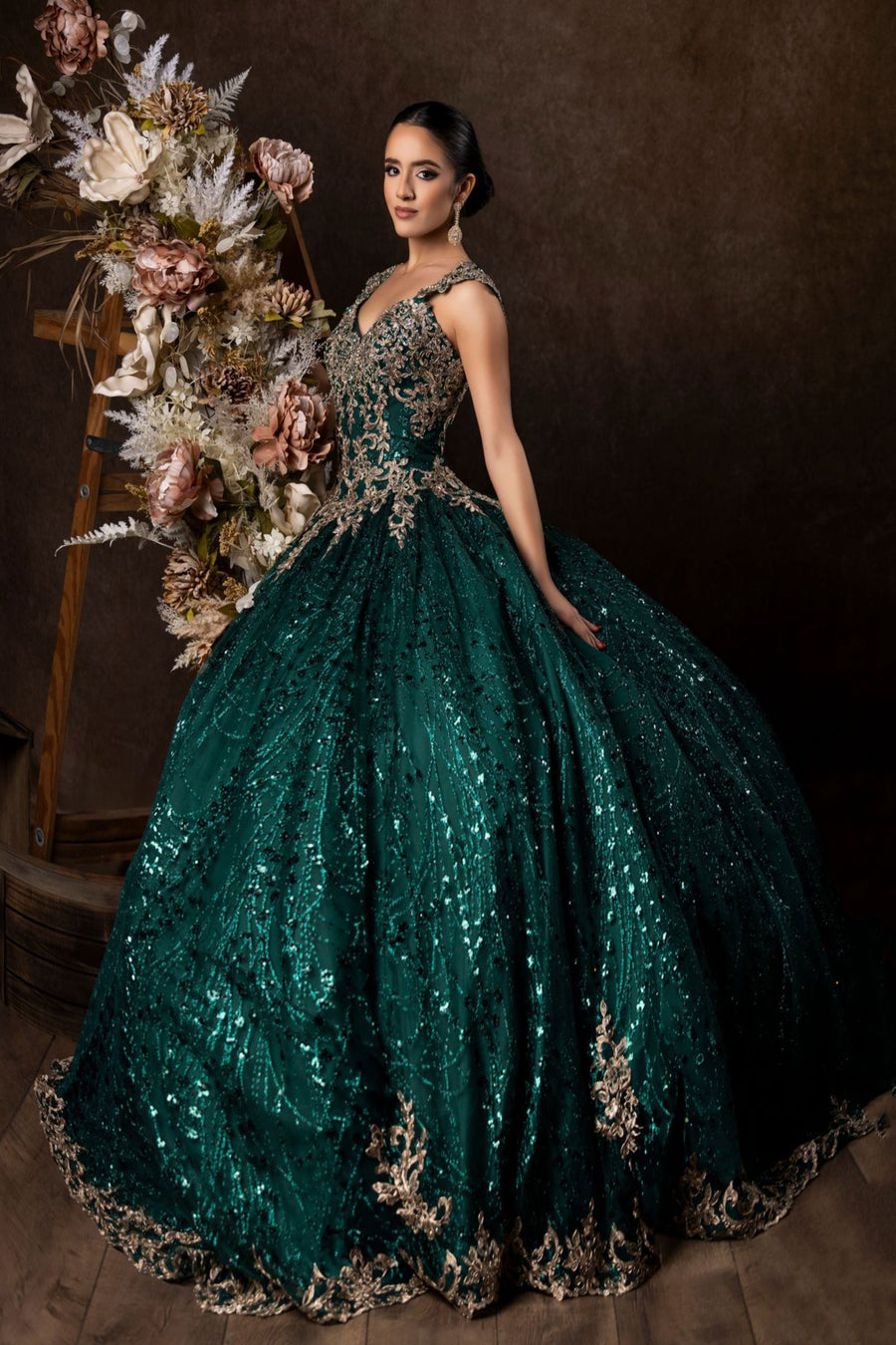 Quinceniera Dresses Long Cap Sleeve Quinceanera Ball Gown Hunter Green