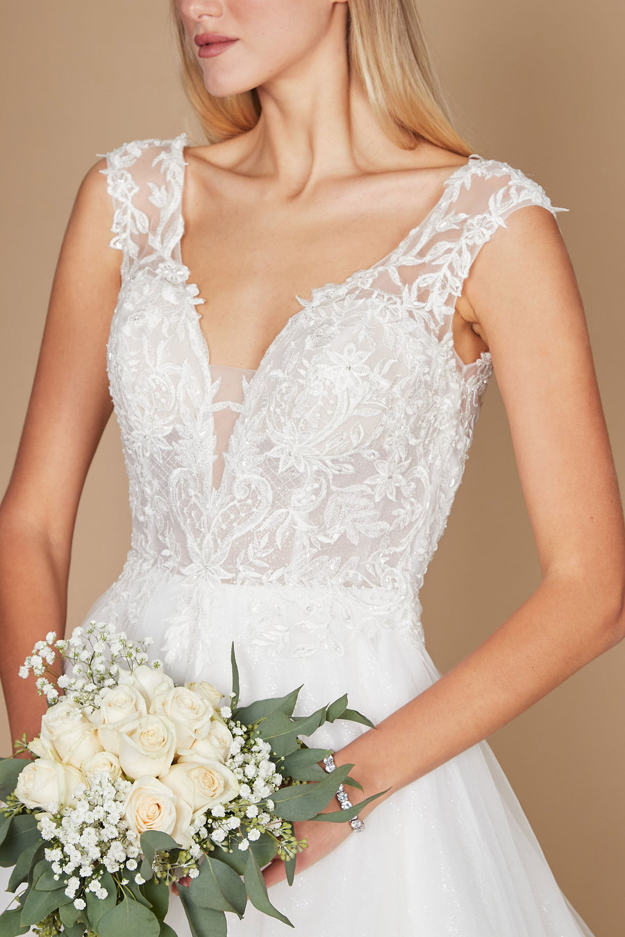 Wedding Dresses Long Cap Sleeve Lace Wedding Dress Off White