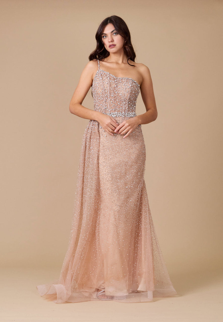 Prom Dresses Off Shoulder Hand Beaded Couture Evening Dress Champagne