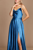 Prom Dresses Formal Cowl Neck Spaghetti Strap Party Dress Smoke Blue