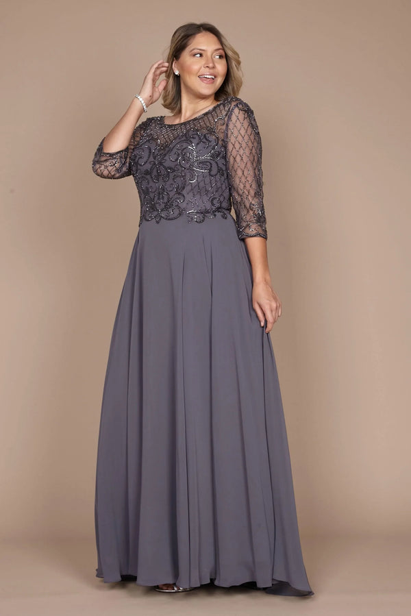 mother of the bride long dresses with sleeves Sleeve Navy Dress Eggplant / XL Ivory embroidered lace fabric this outfit will make white glove Color:Periwinkle/Silver*