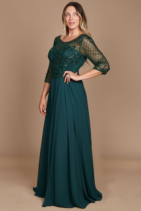 Kos Couture DD8919 Long Sleeve Hand Beaded Mother of The Bride Dress Dark Green