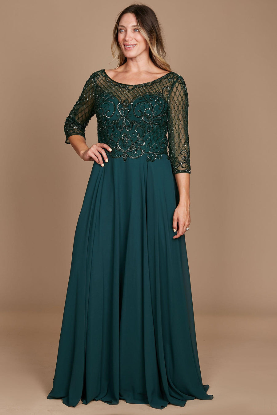 Kos Couture DD8919 Long Sleeve Hand Beaded Mother of The Bride Dress Dark Green