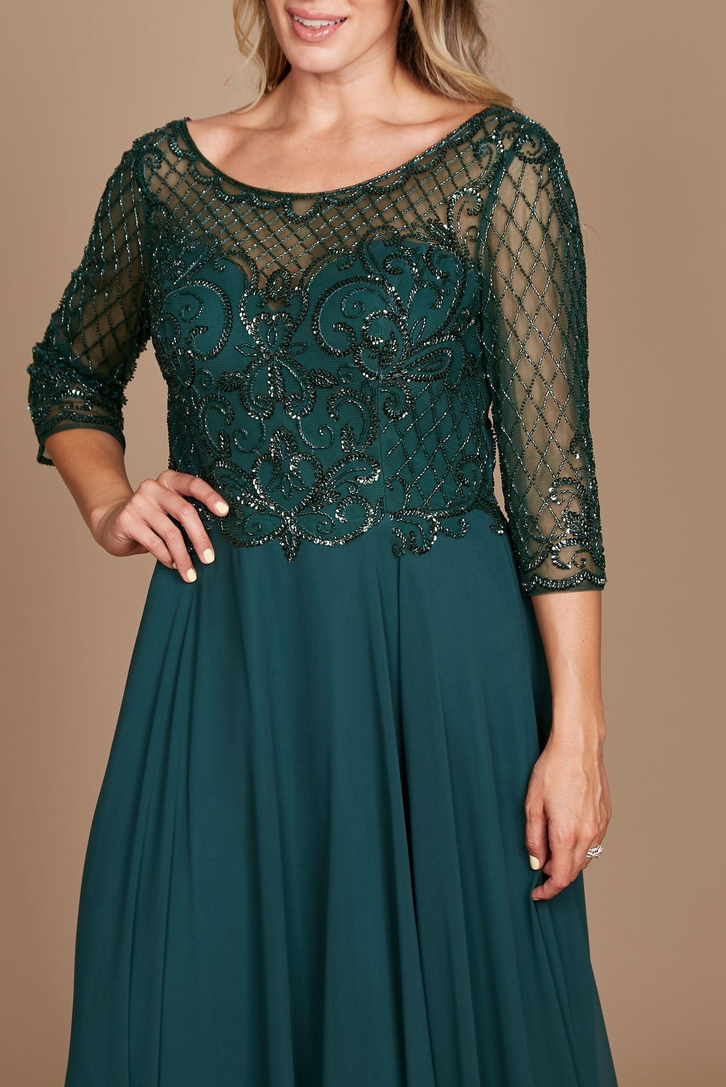 Kos Couture DD8919 Long Sleeve Hand Beaded Mother of The Bride Dress Dark Green