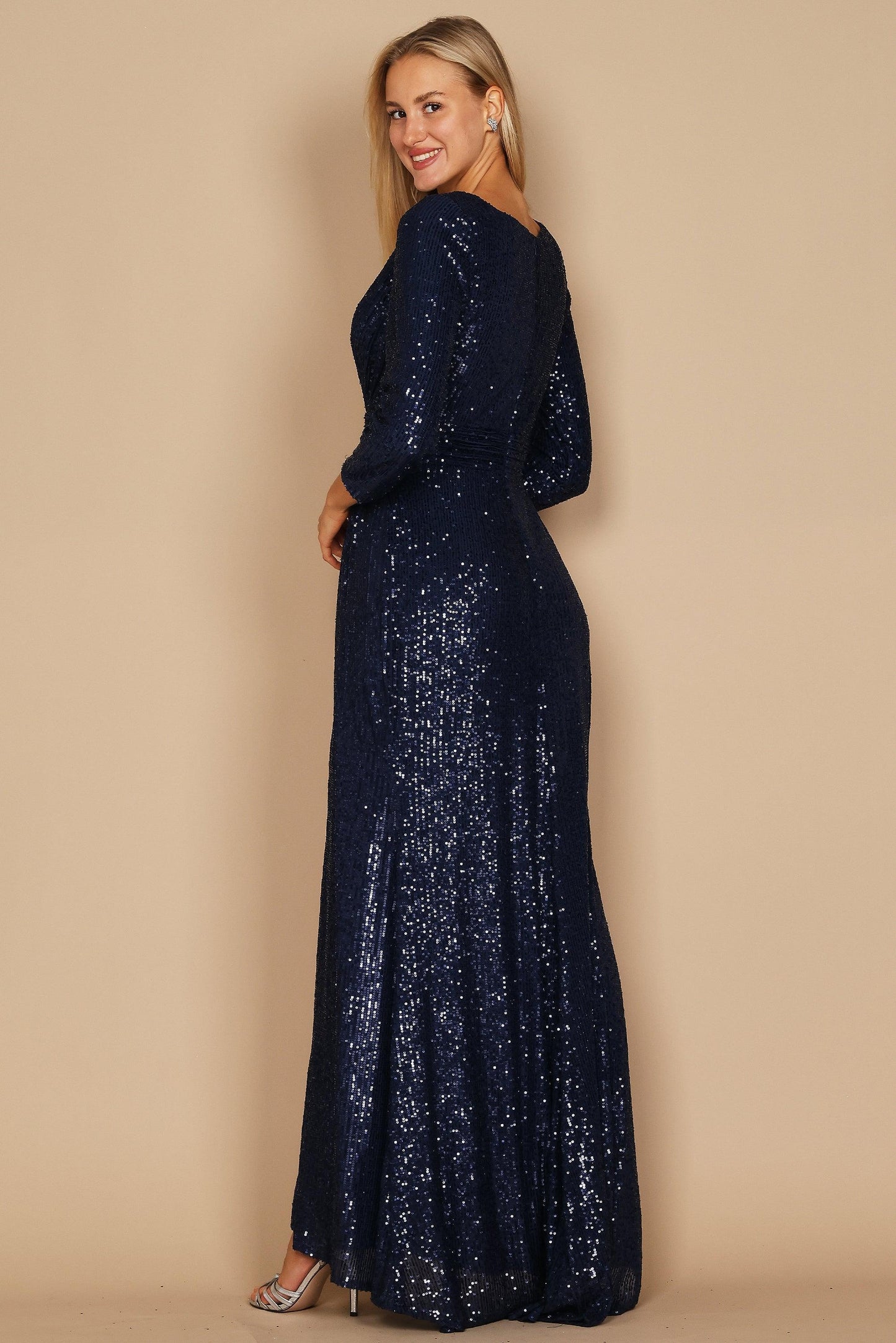 Dylan & Davids DD1257 Long Sleeve Sequin Formal Hand Beaded Dress Navy