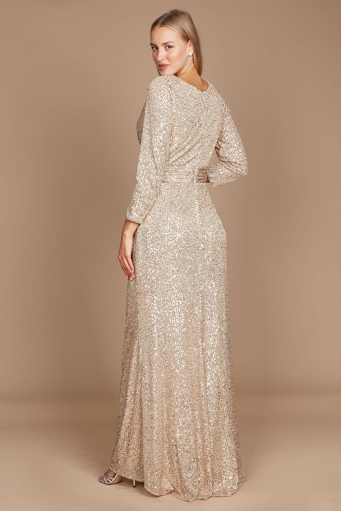 Dylan & Davids DD1257 Long Sleeve Sequin Formal Hand Beaded Dress Gold