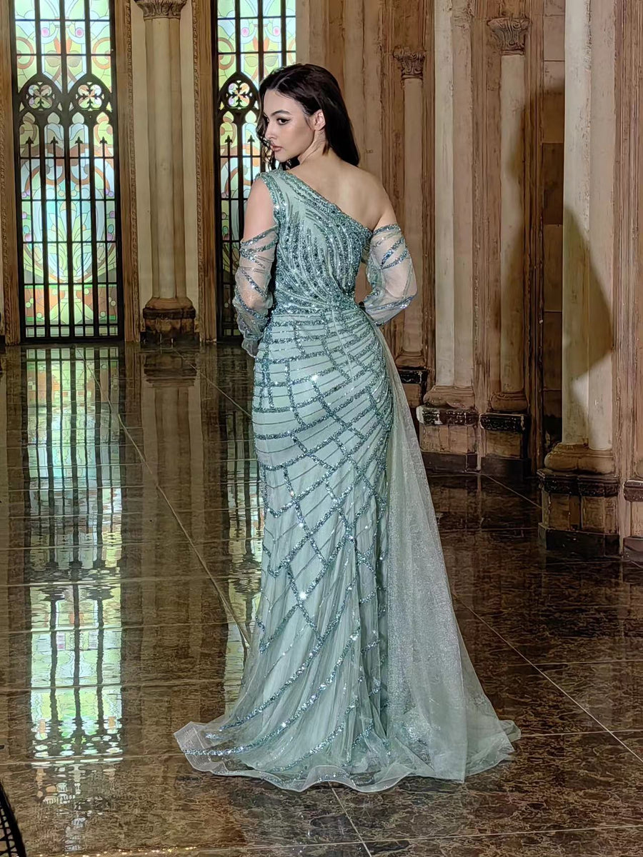 Dylan & Davids DD350 Long Couture Long Sleeve Beaded Formal Dress
