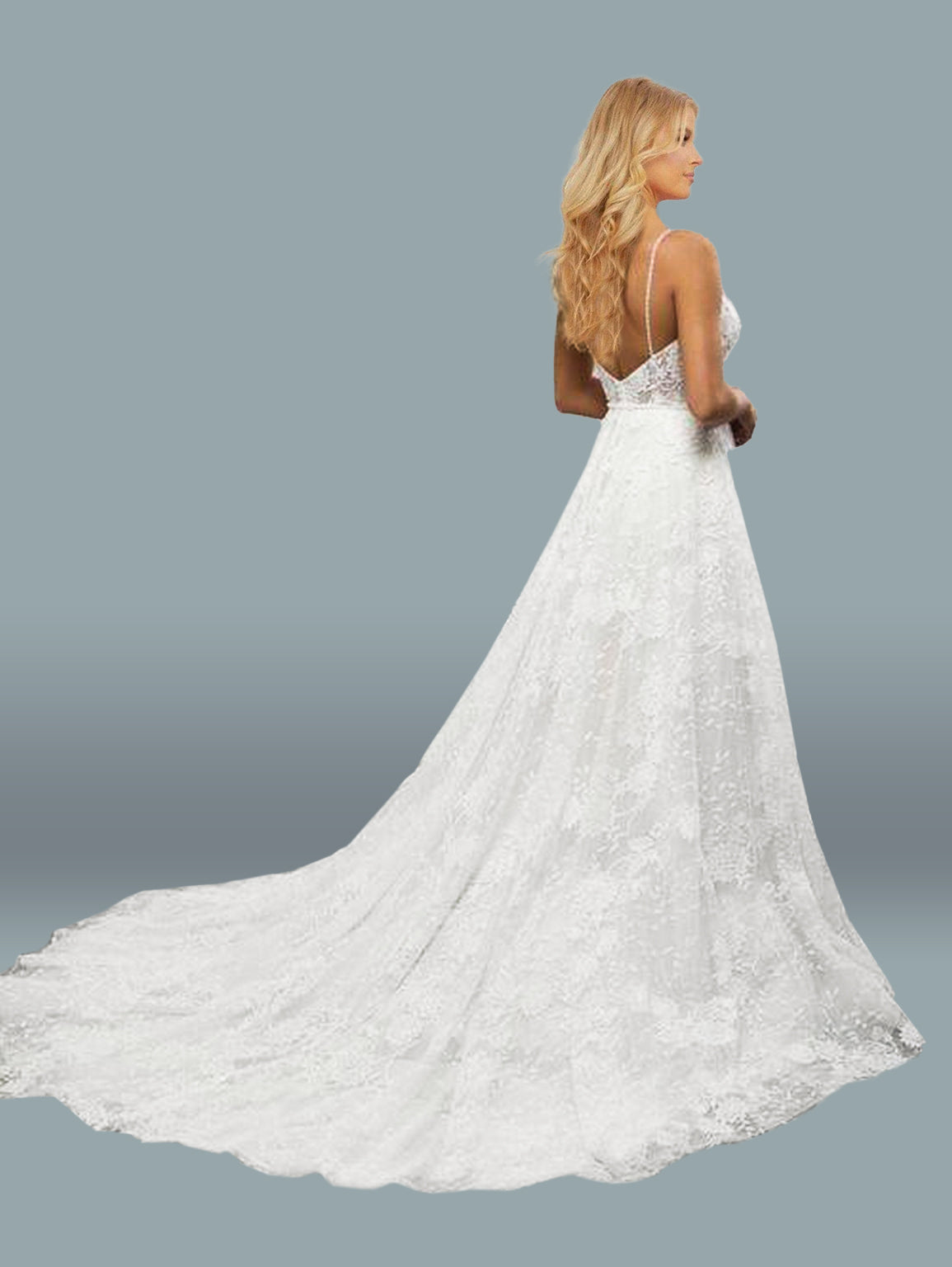 Wedding Dresses Long Spaghetti Strap V Neck Wedding Dress White